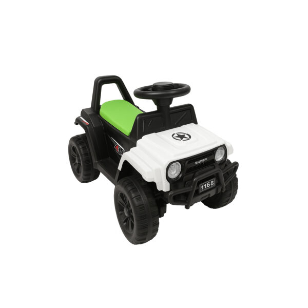 Lodër, Veturë shtytëse për fëmijë, model xhip 4x4 me ulëse jeshile dhe timon rrotullues.