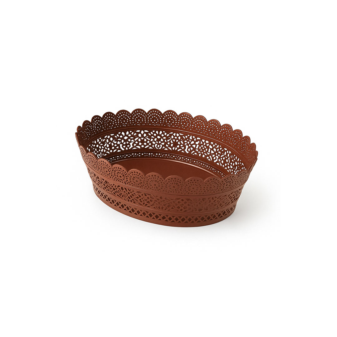 Shportë dekorative ovale me dizajn dantelle, ngjyrë kafe